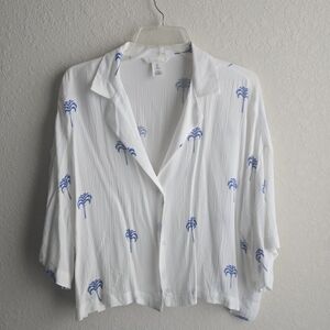 H&M White Button-Up with Blue Palm Pattern